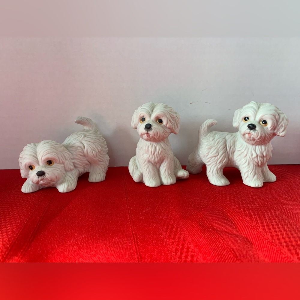 HOME INTERIORS White Maltese Puppies Figurines #1411 Shih Tzu Dogs Vintage